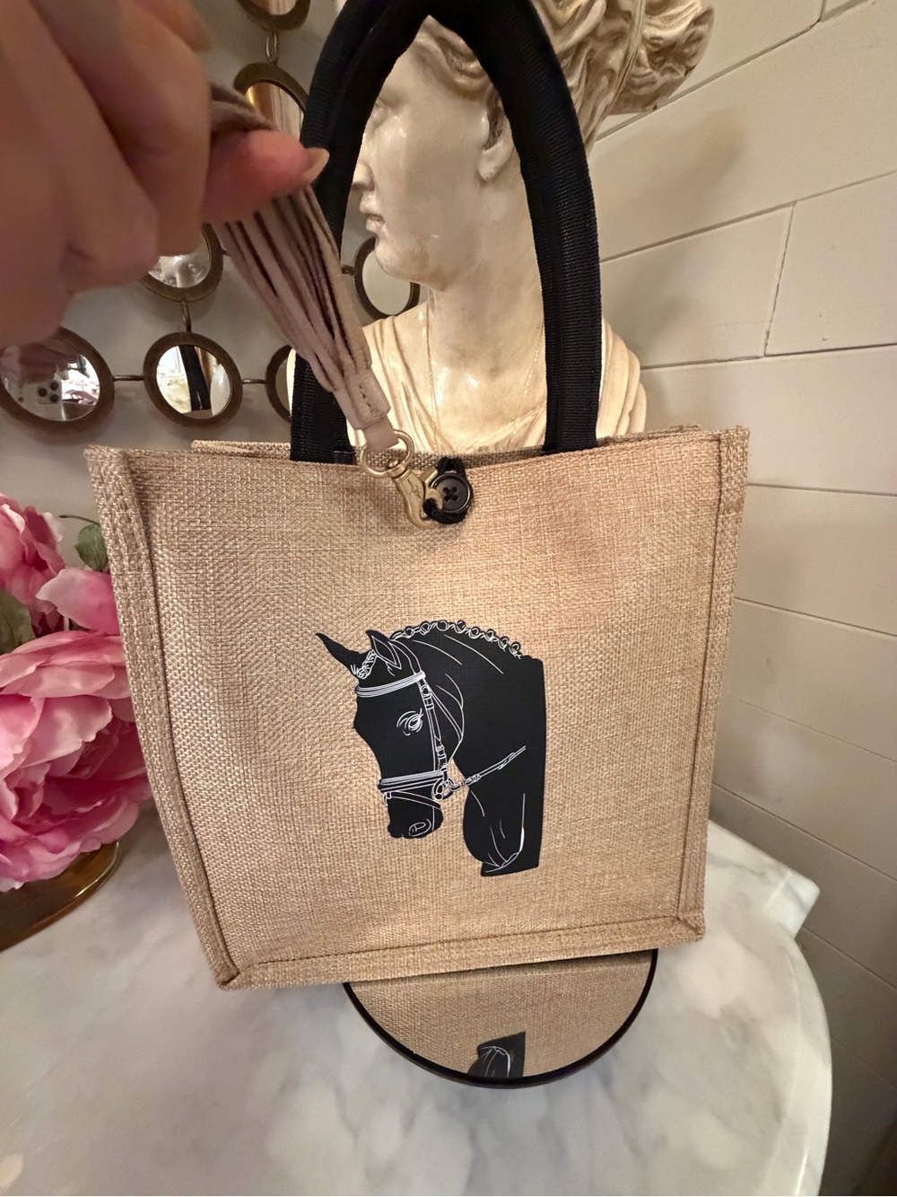 Natural Jute Tote Bag with Black Horse Motif and added leather Tassel NWOT - Picture 2 of 11